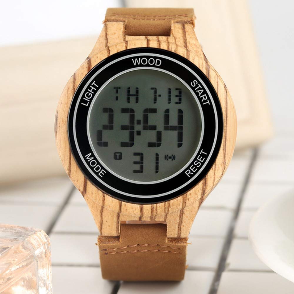 Orologio in Legno Orologi digitali a LED per Visione Notturna Orologi da Uomo in Legno Naturale Orologi da Polso da Uomo in Pelle di Legno Fatti a Mano da Uomo