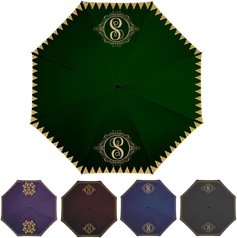 Custom Umbrella Personalized Name Letter With 4Panels Monogram Vintage Pattern Compact Travel Umbrella Folding Windproof Umbrellas for Rain Sun Funny Gift for Men Women Family Friends Sister