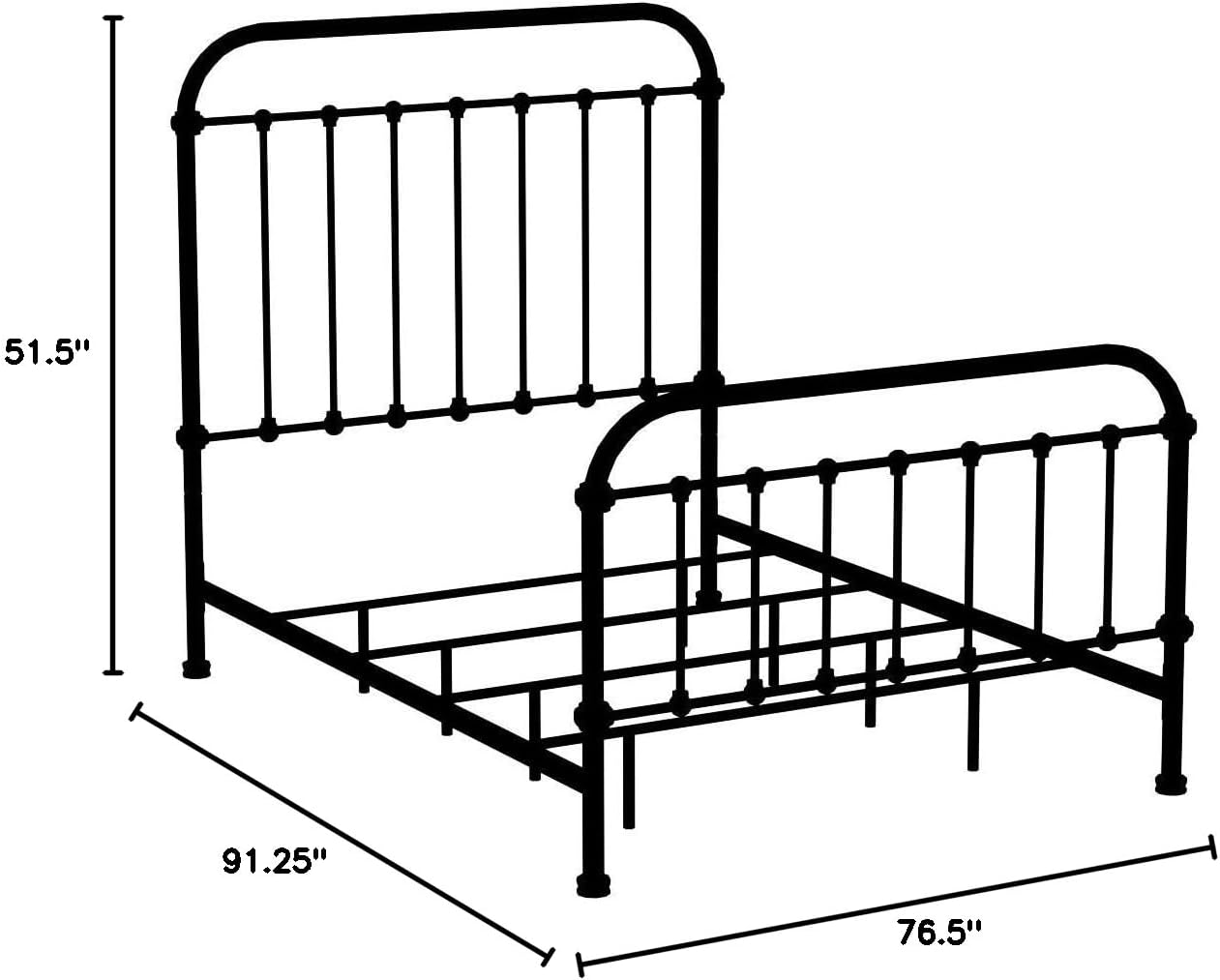 Diagram showing the dimensions of the Overtown Metal Bed: 91.25 inches length, 76.5 inches width, and 51.5 inches height.