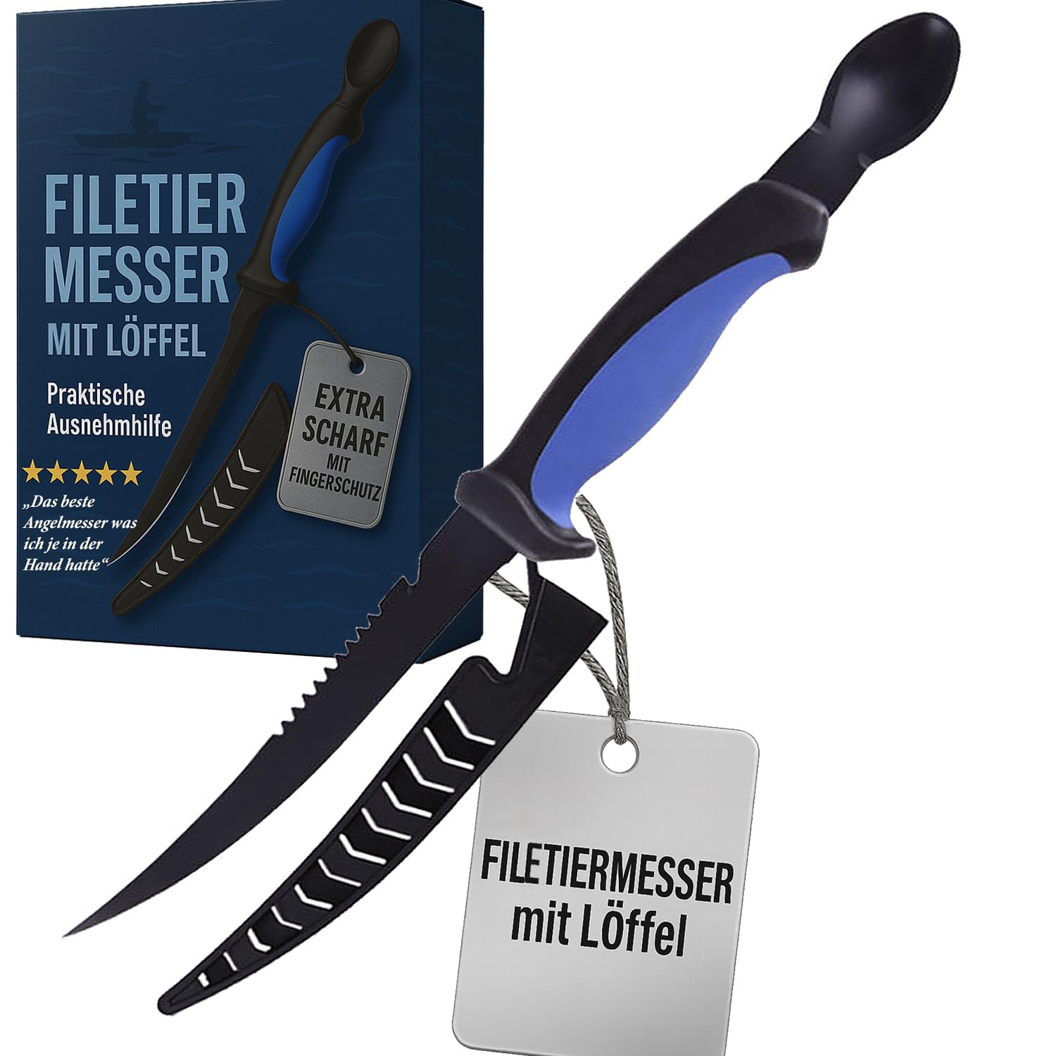 4in1 Ausnehmmesser Fisch mit Löffel als Ausnehmhilfe | Filitiermesser Scharf Fisch 15cm Klinge | Fischmesser Angelmesser Ausnehmen Messer Filiermesser Angel Messer Angeln Fischen