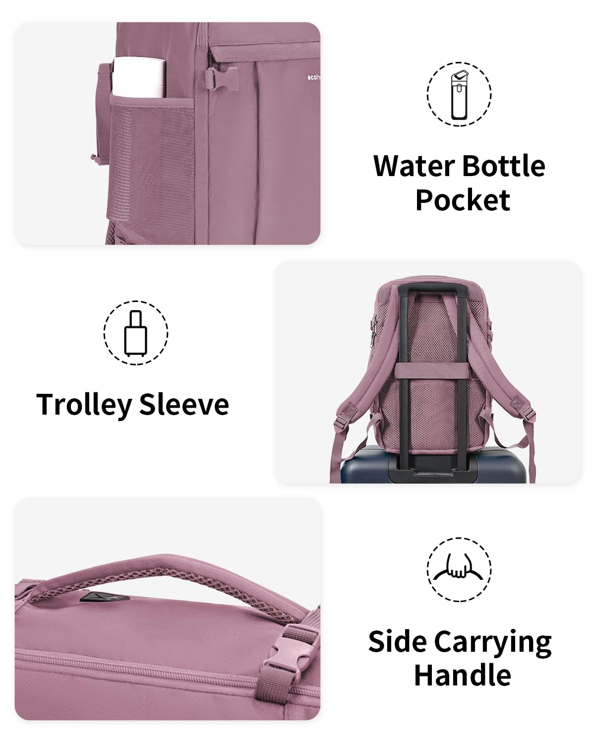 ECOHUB 20L Zaino Ryanair 40x20x25, Zaino Da Viaggio Aereo Bagaglio a Mano Con Scomparto Per Laptop 3D, Resistente all'Acqua Bagaglio a Mano 40x20x25 Ryanair, Riciclato Zaino Viaggio Donna Uomo, Rosa