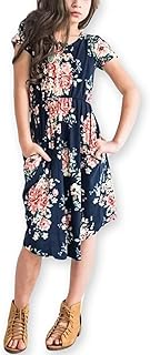 Girl Maxi Dress Floral Short Sleeve Dresses with Pockets for Girls 6-14 Years - Buy now