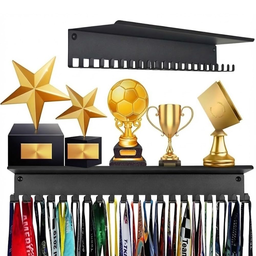 Herrlich Homes Metal Medal & Trophies Holder for Wall | Easy to Hang | Medal Display Case | Heavy Duty | Trophy Stand for Wall | Medal Display for Sports Achievements | Metal || Black