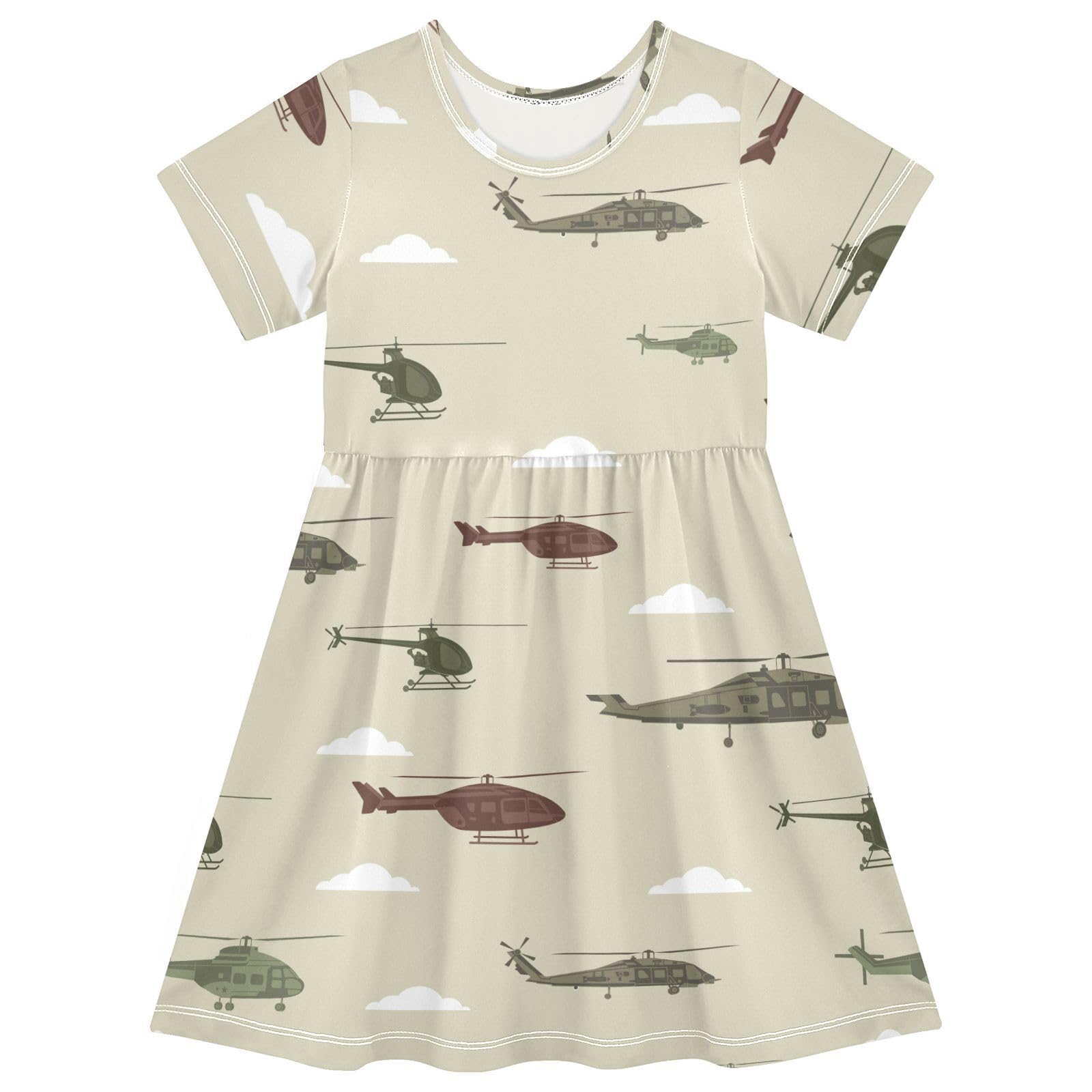 Aflyko Short Sleeve Dress for Girl Grey Cloud Helicopter Casual Dress Loose Fit Delicate Summer Infant Tank Playwear Breathable Dance Dress Cute Kiddo Outfit 5-6T
