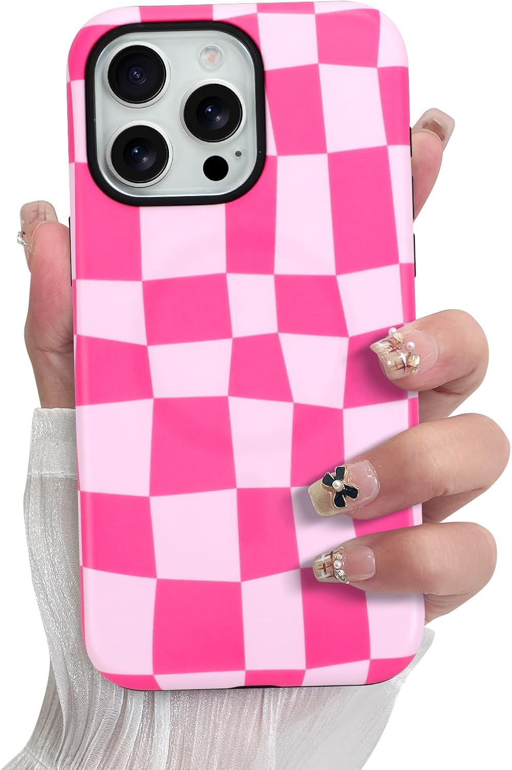 SOKAD Magnetic Checkered Phone Case for iPhone 16 Pro Max, Cute Grids Plaid Checkerboard Pattern Compatible with Magsafe Matte Protective Case Cover with Screen Protector for Girls Women, Hot Pink