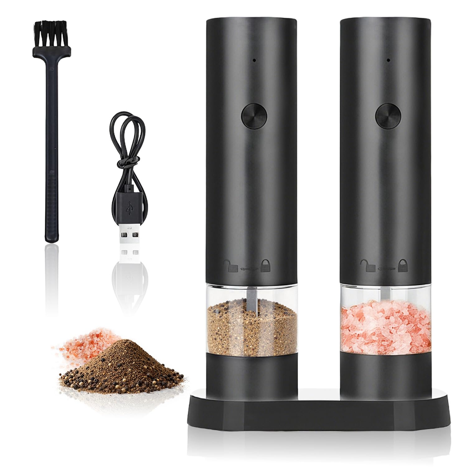 Salt and Pepper Mills Shakers Electric Set of 2, Automatic Rechargeable Spice Grinder with Base, Adjustable Coarseness and Washable Transparent Container, Christmas Gifts for Women