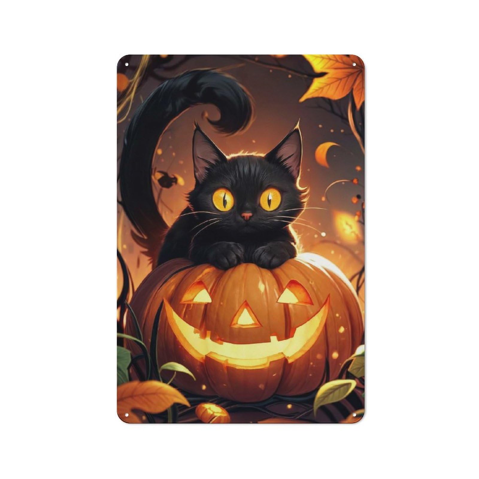 Junmoney Black Cat On Pumpkin 30X20cm Rustic Metal Sign With For Hobby Room Or Studio, Metal Sign Decor For Hobby Rooms And Studios