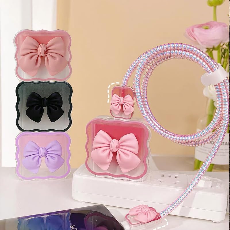 DIY Cable Protector Charger Wire Saver, 5 in 1 Data Cable 18W/20W USB-C Charger Case Line Cord Protector Compatible with iPhone 11 12 13 14 15 Pro Max - Excluding Charger and Cable (Pink Bow) thumbnail