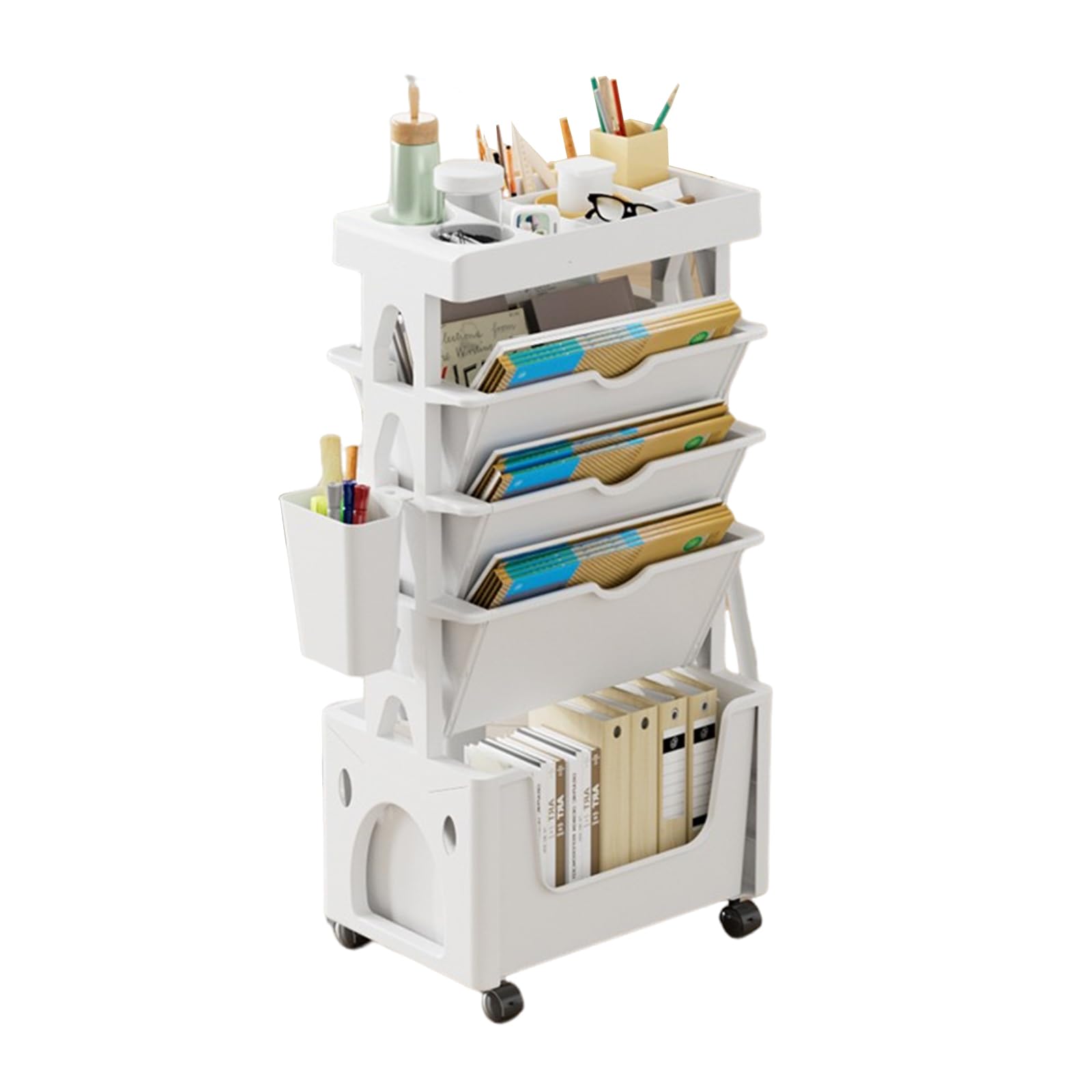 Mobiles Bücherregal mit Rollen, Beweglicher Bücherregalwagen, 5 stufiger Rollwagen mit Rädern, Herausziehbarer Rollwagenfür Büro Küche Schlafzimmer Badezimmer (Weiß), TTJ0698