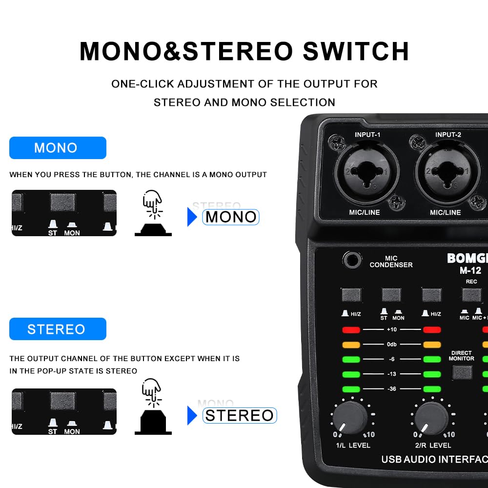 BOMGE Interfaz de audio USB M12, mezclador de 2 canales, entrada XLR/3.5 mm, fuente de alimentación de 48 V, tarjeta de sonido para grabación de PC, estudio, espectáculo en vivo, karaoke, Plug & Play