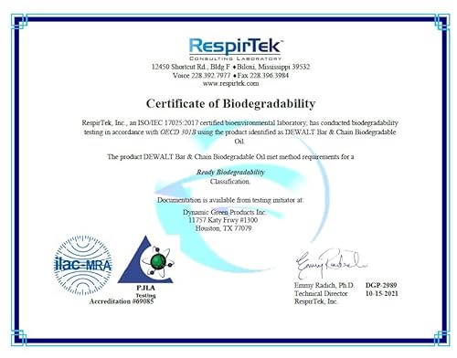 Dewalt Biodegradable Chainsaw Oil – High Performance, Non Toxic Professional Lubricant – Green, Eco-Friendly, Ultraclean, All Season Bar & Chain Lube, 16 Oz #TOP7