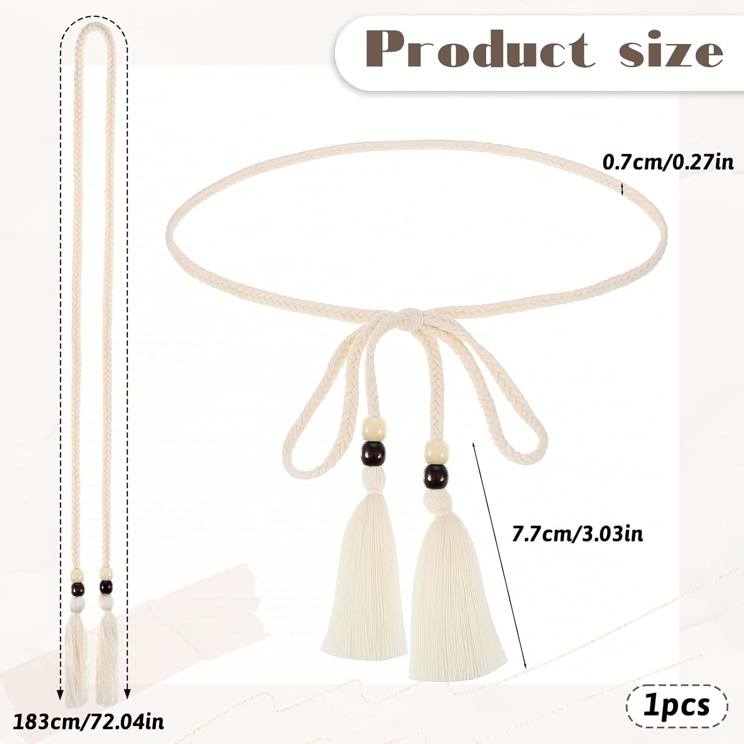 Women's Braided Knotted Waist Belt, Skinny Boho Chain Fringe Tie Belt with Wooden Beads Decorative Beaded Belts Waistband for Women Dresses, Skirts, Tunics Boho Outfits (White) - Image 4