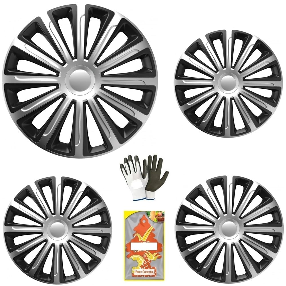 COPRICERCHIO COPRICERCHI DA 16 POLLICI COPRIRUOTA AUTO PER PNEUMATICI 195/40 R16 CC858 KIT COPPE PLATTO PER RUOTE COPRI CERCHI SILVER & BLACK 1 SET DI 4 PEZZI MATERIALE ABS VERNICIATURA AD ACQUA
