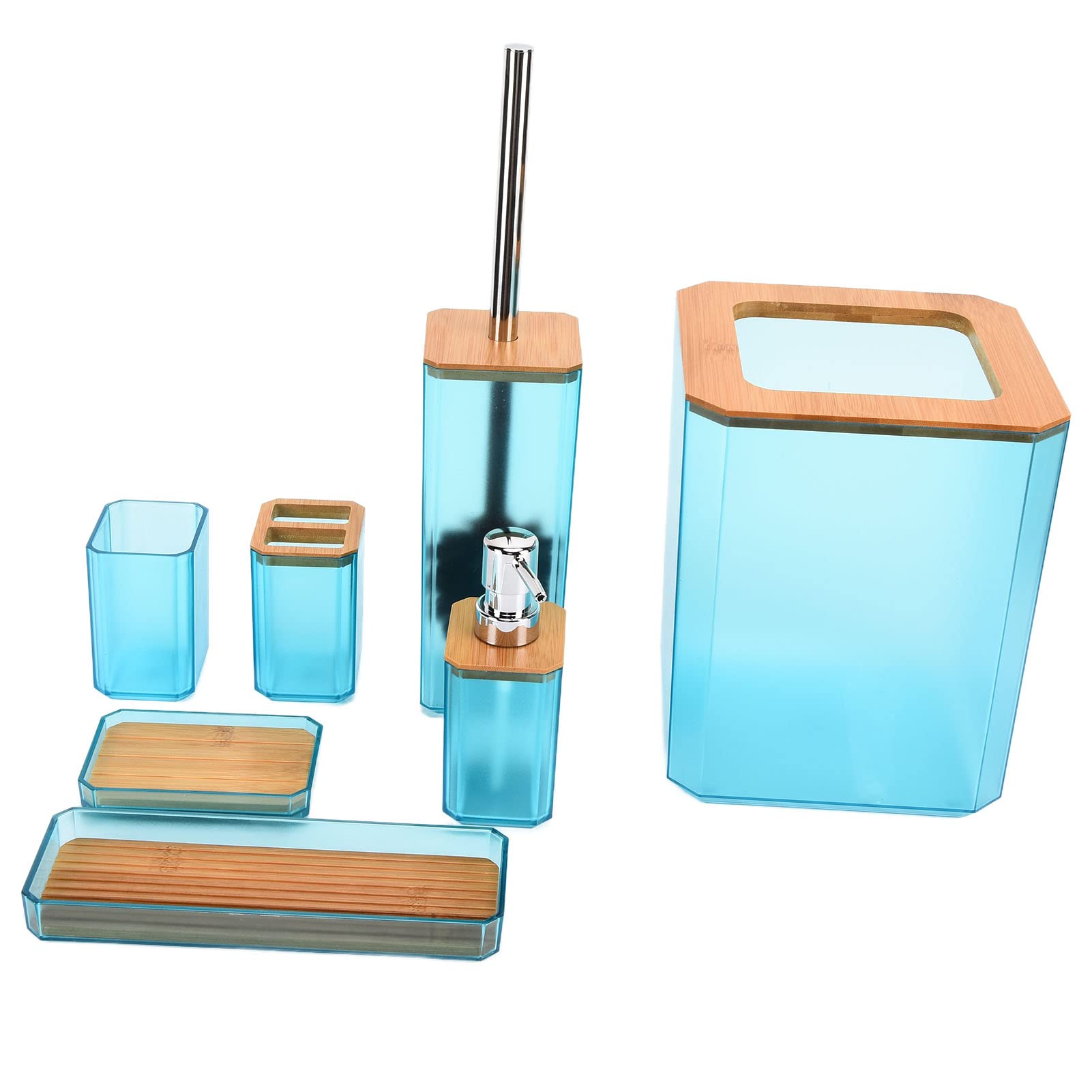 Set di accessori da bagno in bambù 7 pezzi, kit di accessori da bagno con portasapone, porta spazzolino, cestino per rifiuti, vassoio per scovolino del water, design in bambù e (Verde)