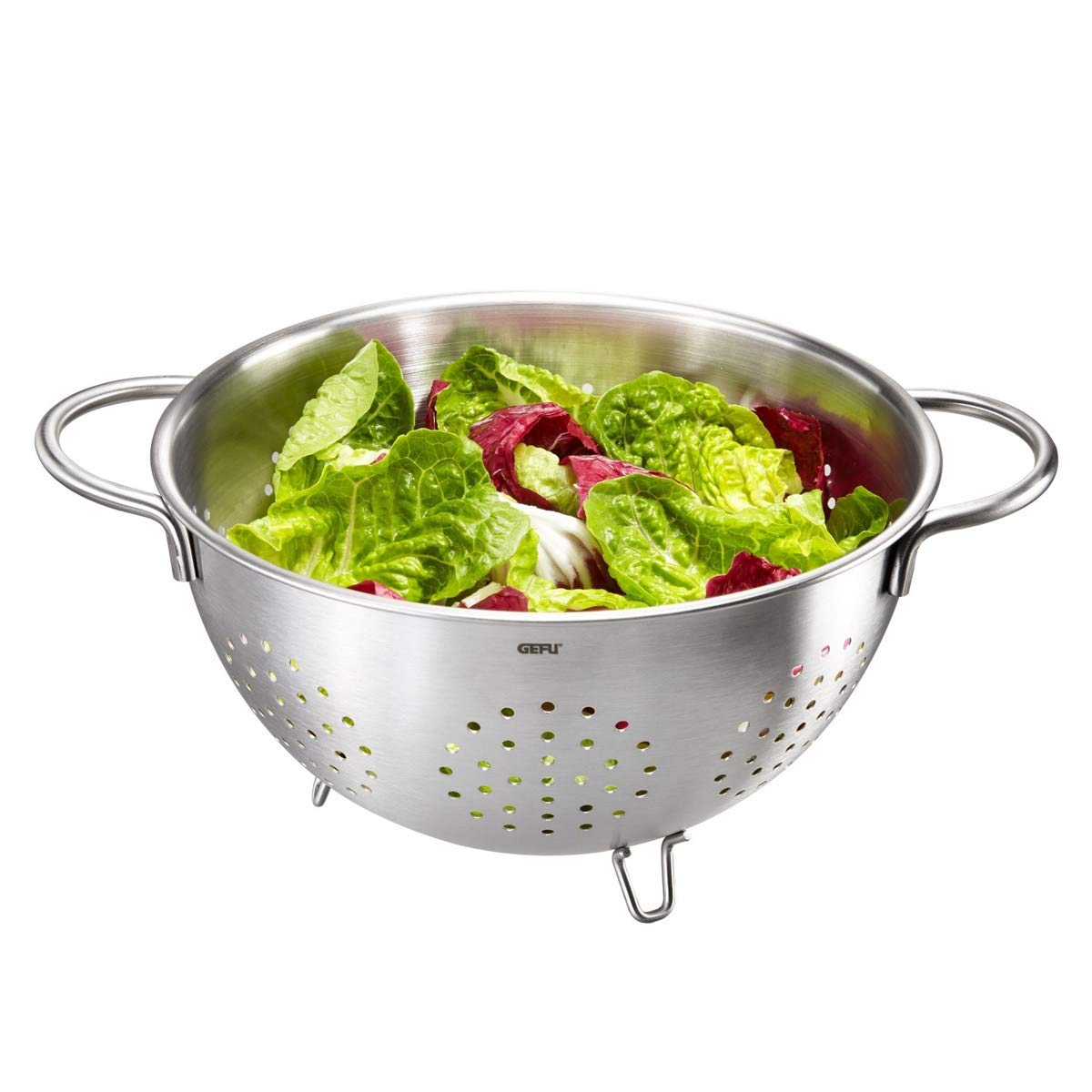 Gefu Seiher Colino - Nudelsieb Ø 24 cm - Edelstahl Küchensieb mit Füßen | Hochwertiges Abtropfsieb mit 4L Volumen, ergonomischen Griffen & Boden-Lochung. Spülmaschinengeeignetes Abgießsieb für Pasta.