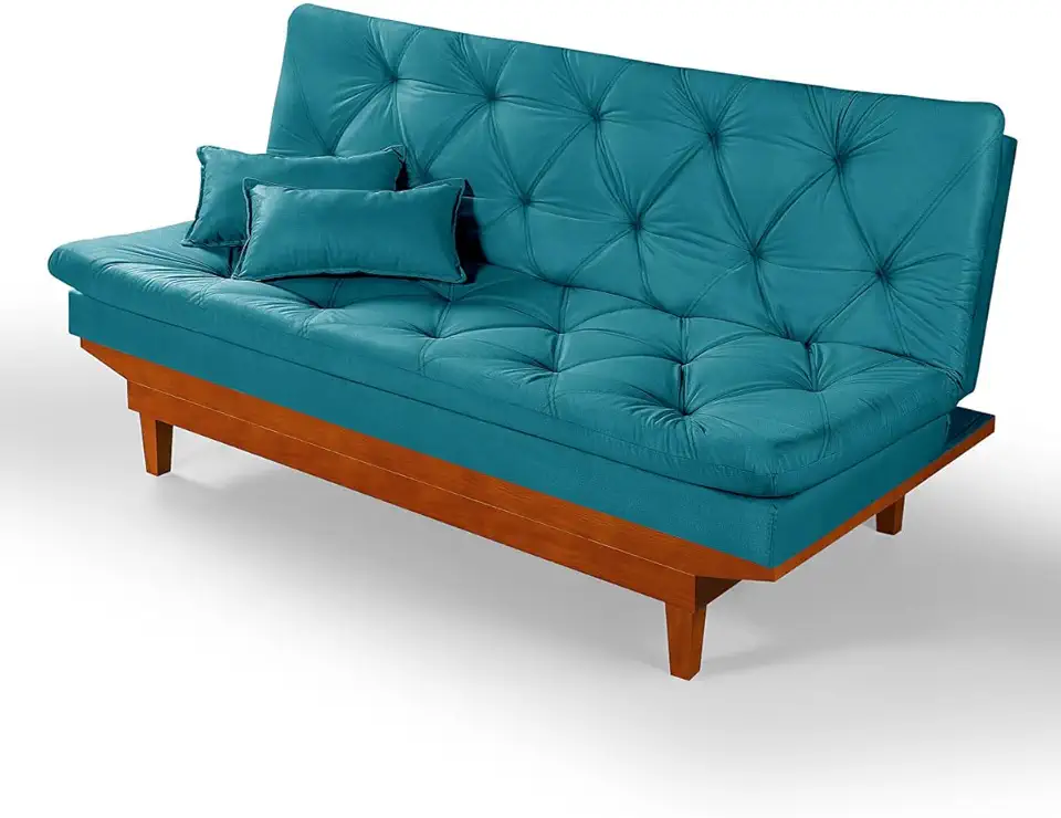 Sofa Cama Caribe 3 Posições Base de Madeira Suede Essencial Estofados (Azul Turquesa)