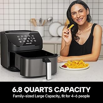 Air Fryer 6.8 Quarts, 10-in-1 Functions, Air Fry, Roast, Bake, Broil, Dehydrate, Large & Compact Air Fryers, Nonstick & Dishwasher-Safe Airfryer Basket, Stainless Steel Air Fryer, Metal Grey