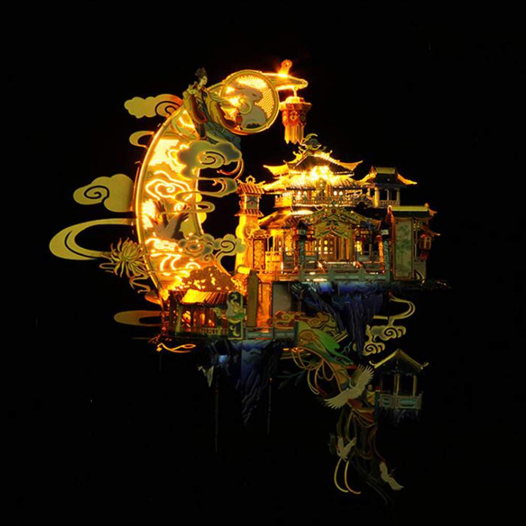 3D Metal Moon Palace Model Kit for Teenagers Adults, DIY Puzzle Toy with LED Light String and Tool Pliers, Home Decoration Craft Kit Gift