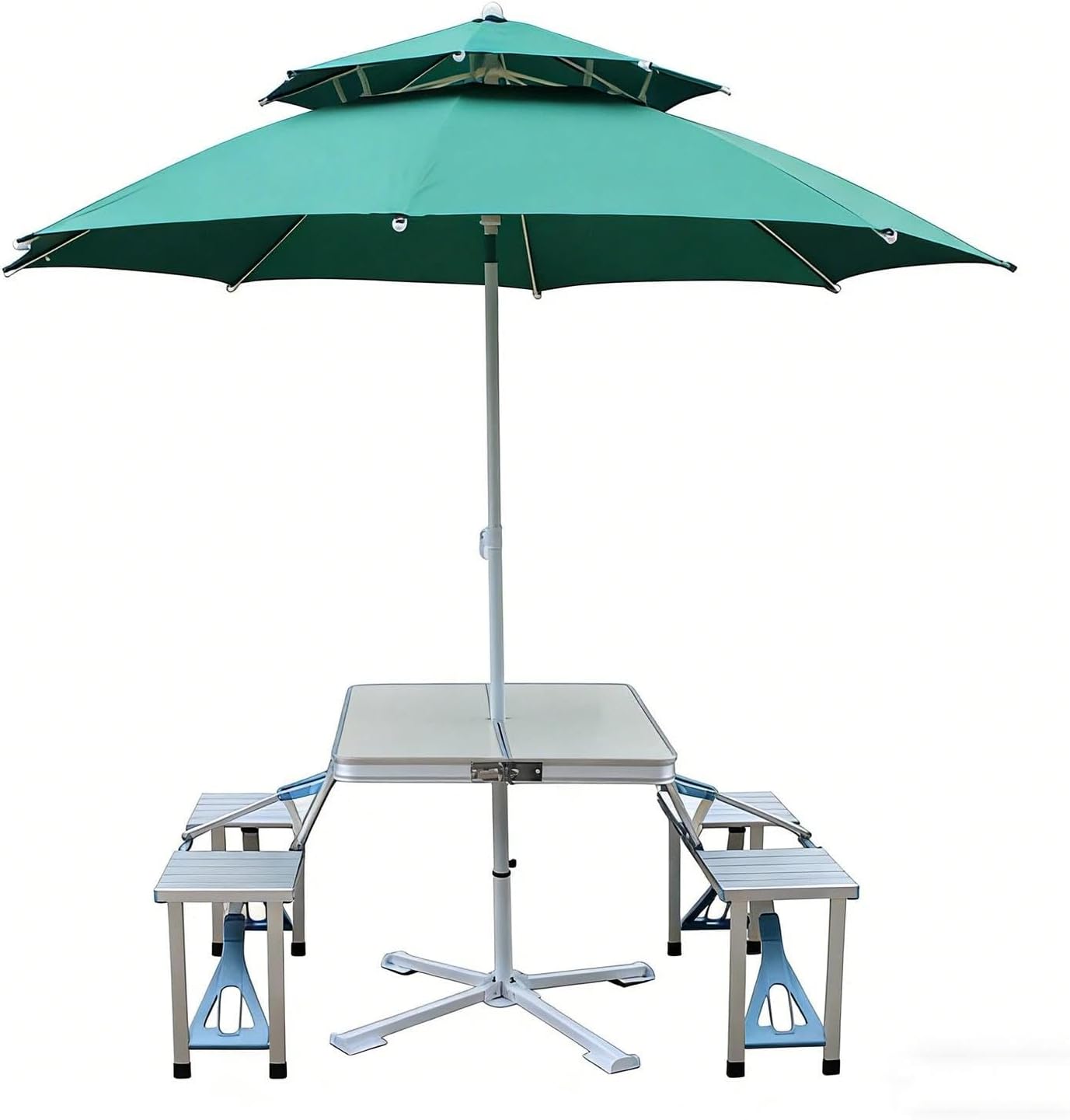 4.7ft Folding Picnic Table Set with Umbrella Hole, Lightweight Portable Outdoor Dining Table & Bench Set, Heavy Duty Aluminum Frame & Plastic Top for Camping, BBQ, Patio, Backyard(White)