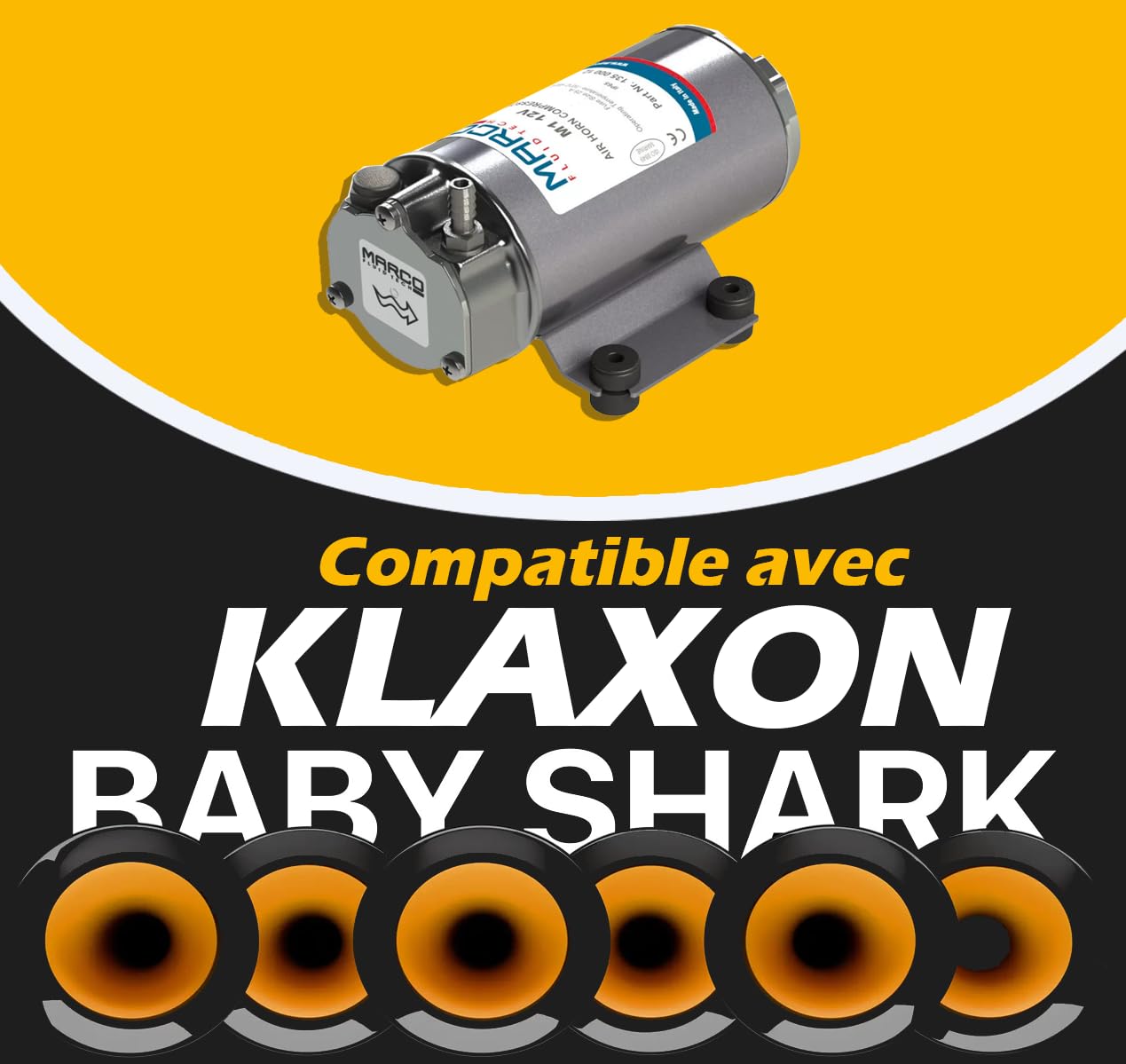 COMPRESSEUR D’AIR M1 POUR KLAXONS 2 BAR + RACCORDS UNIVERSELS CABLAGE | BABY SHARK -12 Volt