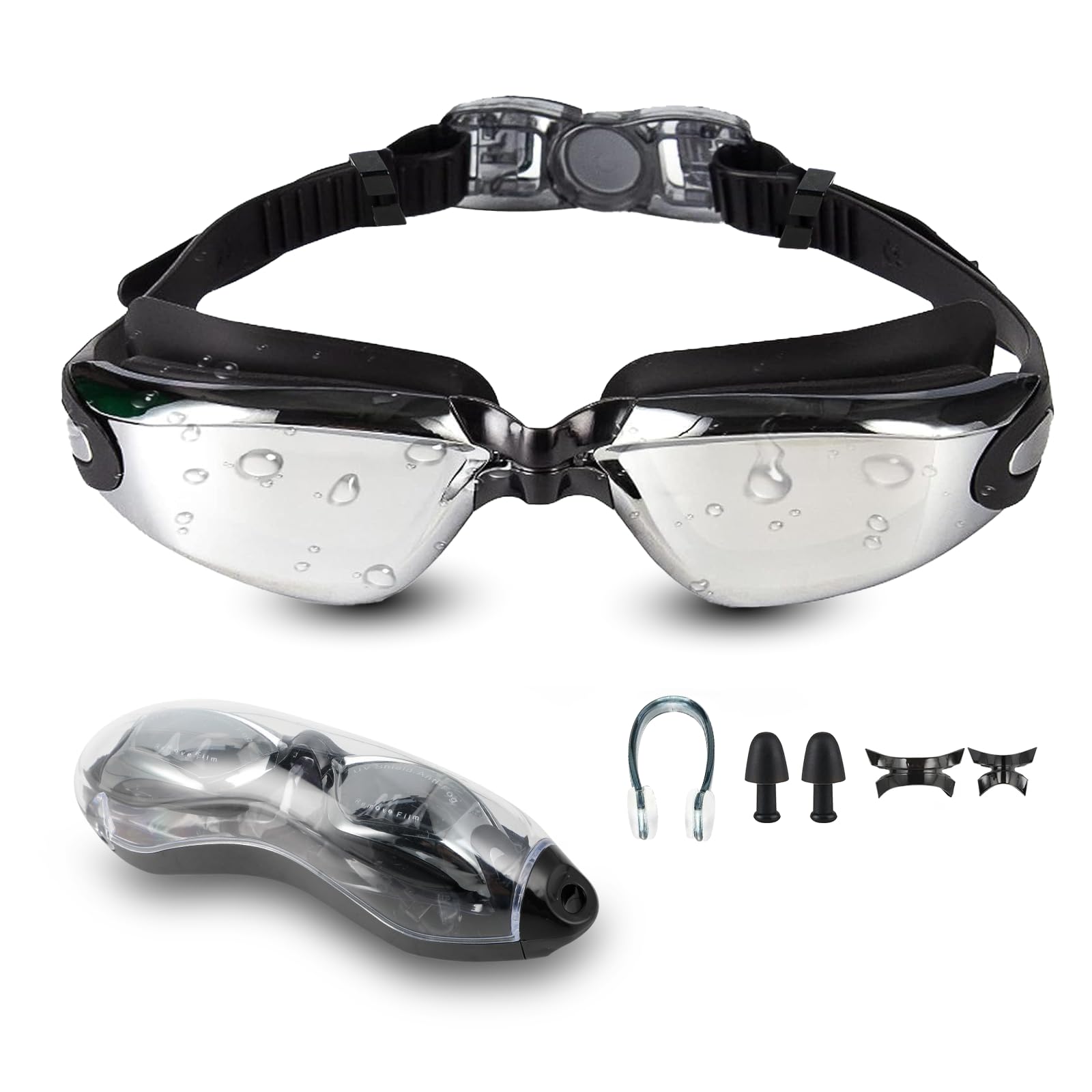 Gafas de Natación para Hombre y Mujer, con Estuche, Pinza Nasal y Tapones Oídos, Anti-empañante y UV, para Adultos y Niños, Ideales para Nadar y Bucear