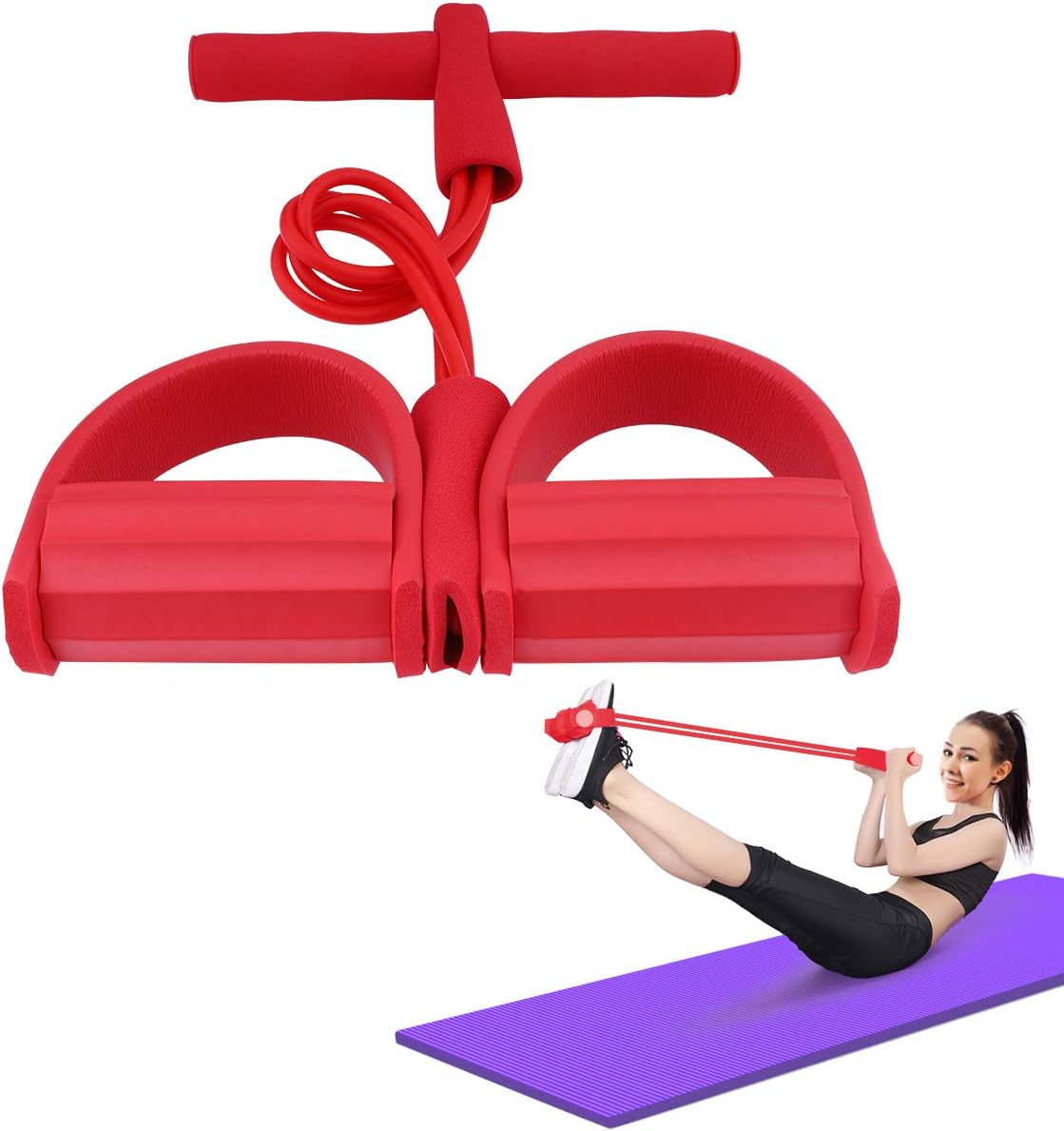Rhino Valley Pedal Resistance Band, 4-Tube Natural Latex Sit-up Bodybuilding Expander, Multifunctional Tension Rope Fitness Equipment for Abdomen, Waist, Leg, Arm, Yoga Stretching Slimming Training