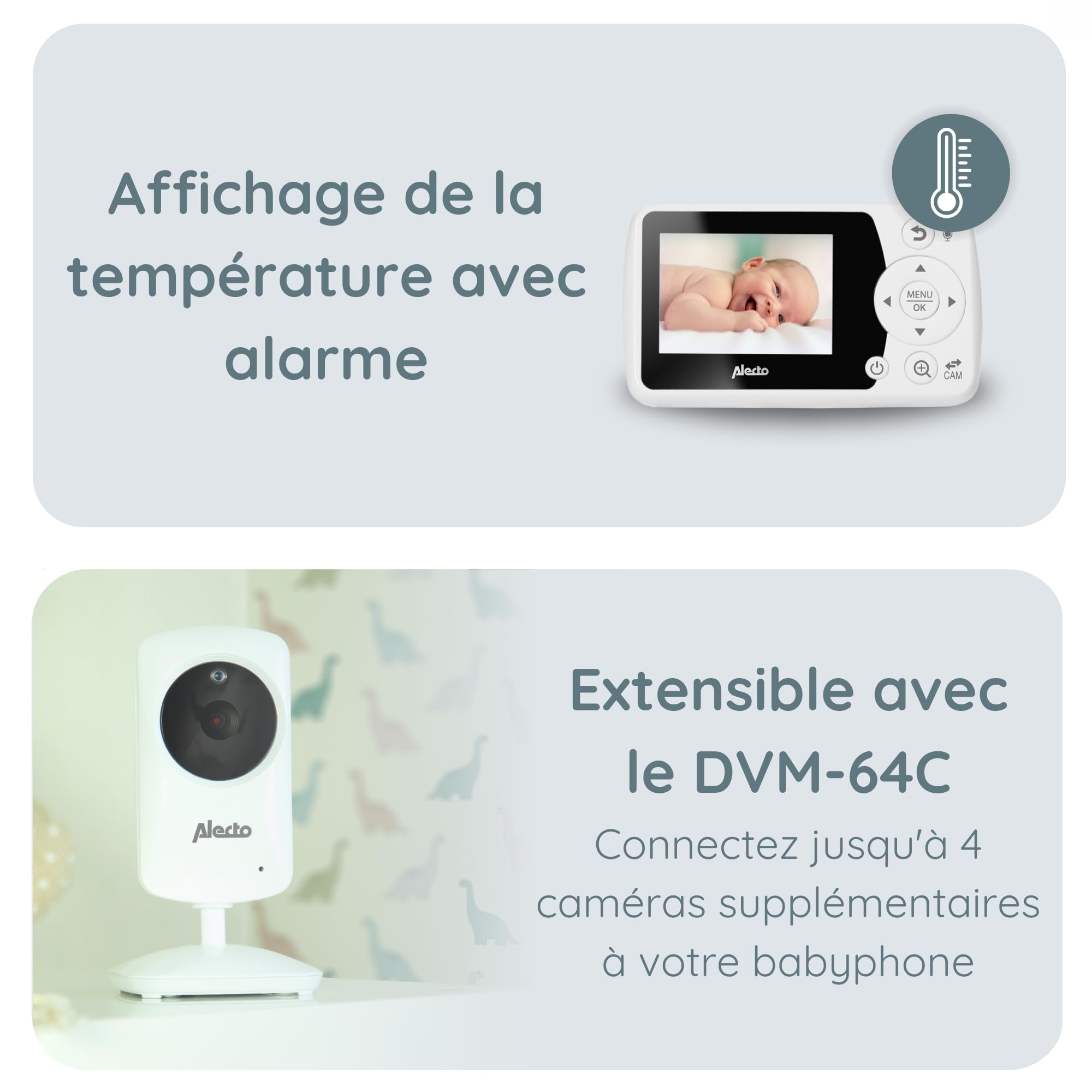Alecto DVM-64 Babyphone vidéo - moniteur avec caméra et écran 2,4", audio bidirectionnel, vision nocturne, thermomètre intégré, extensible jusqu’à 4 caméras, connexion sécurisée