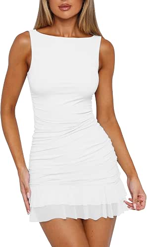 HOCILLE Women's Sexy Bodycon Boat Neck Mini Homecoming Party Dress