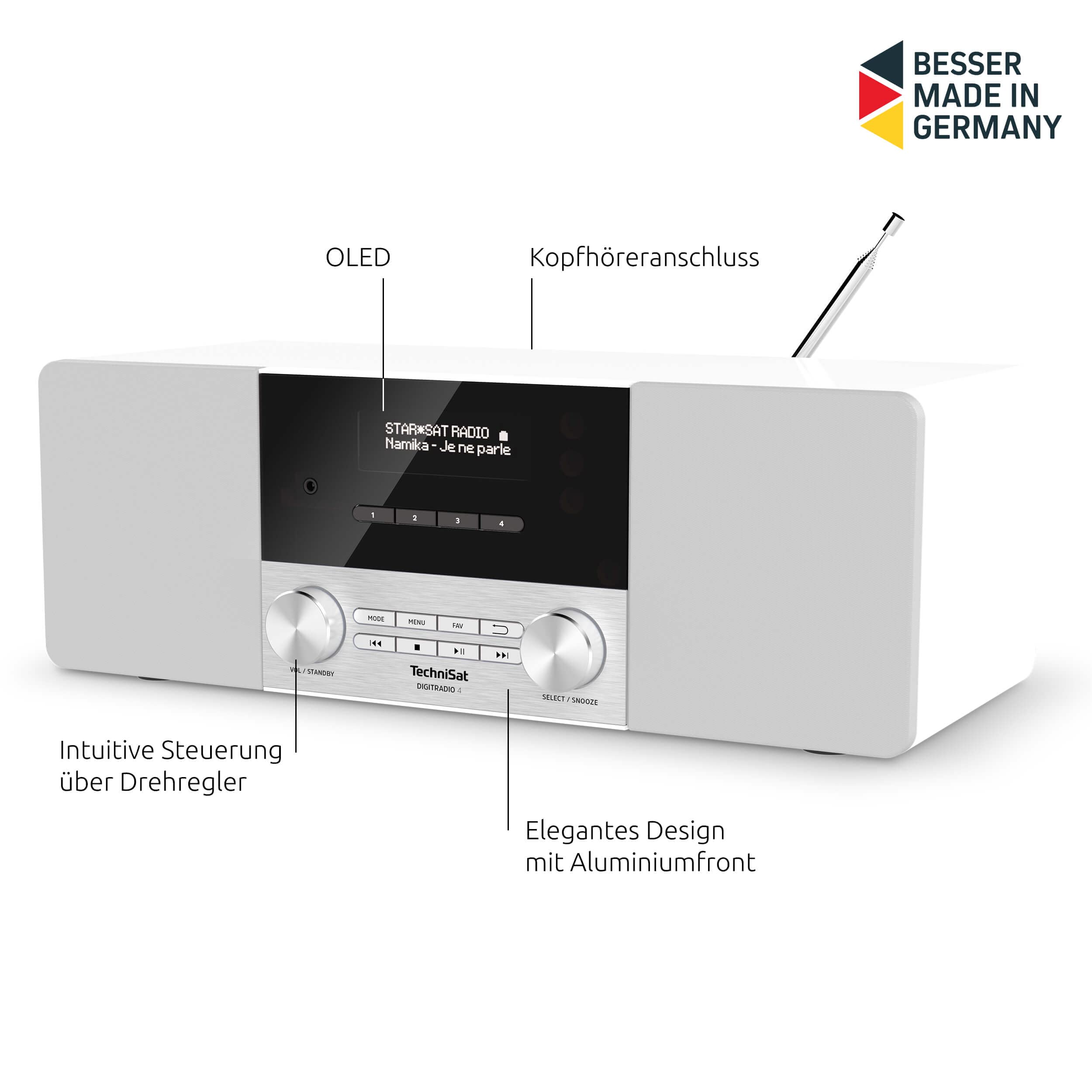 TechniSat DIGITRADIO 4 - Radio DAB stereo (DAB+, FM, streaming audio Bluetooth (ricezione), presa per cuffie, ingresso AUX, radiosveglia, display OLED, 20 watt RMS, altoparlante Elac) bianco