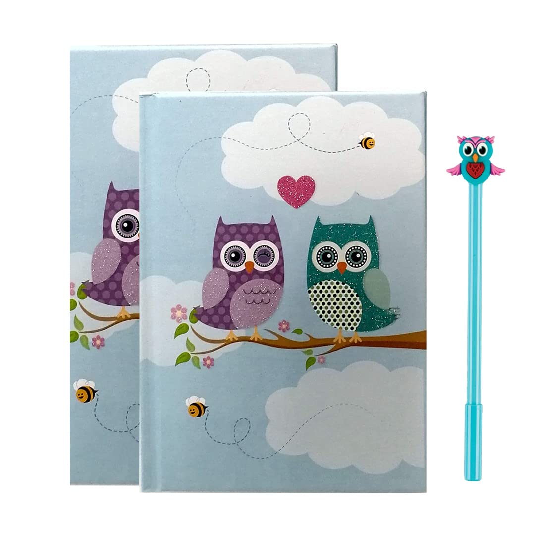 [𝐒𝐞𝐭 𝐨𝐟 𝟑] Cute Pen + 2x A6 Lined Note Book Hardback Pocket 80 Sheets Small Notebooks Ruled Mini Notepads Journal Diary with Divider Fidget Notebook for Office School Plans (Owl)