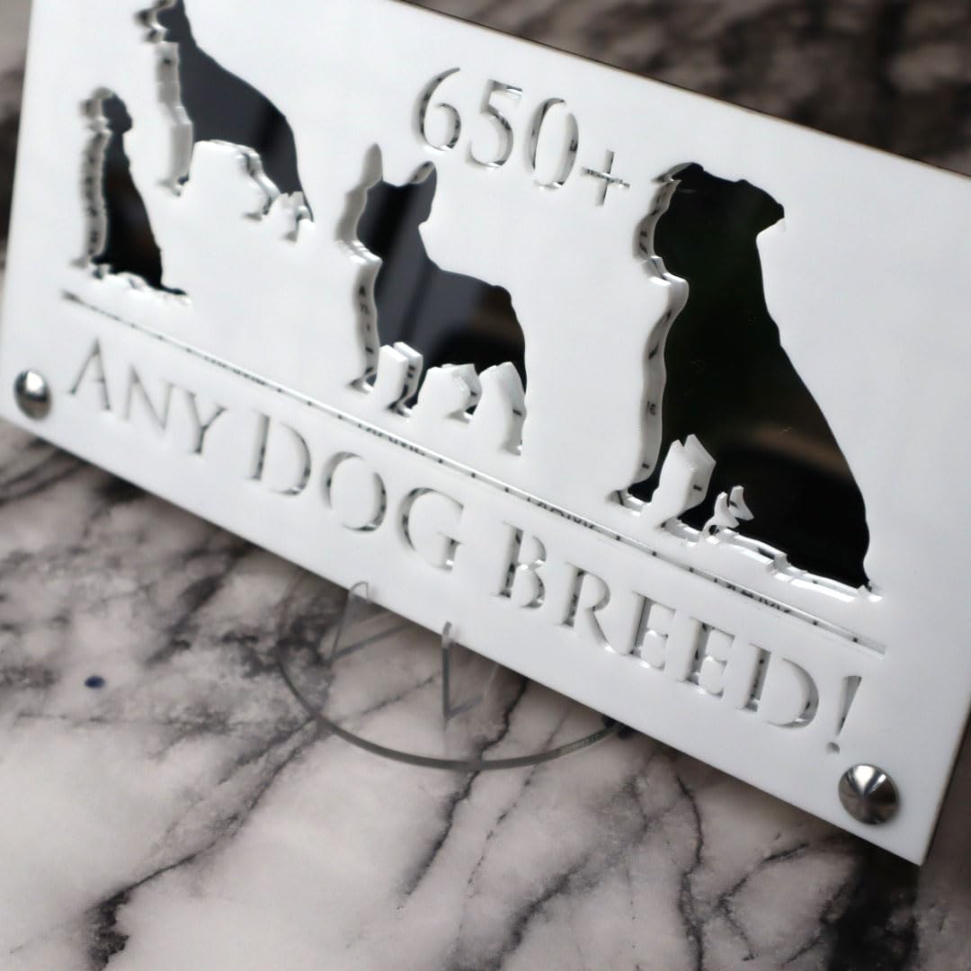 K Smart Sign | 280mm x 140mm | Personalised Dog Luxe property house Dogs wall number address Any-Dog personalised plaque numbers signs fully personalised choose your own (White & Silver Mirror)