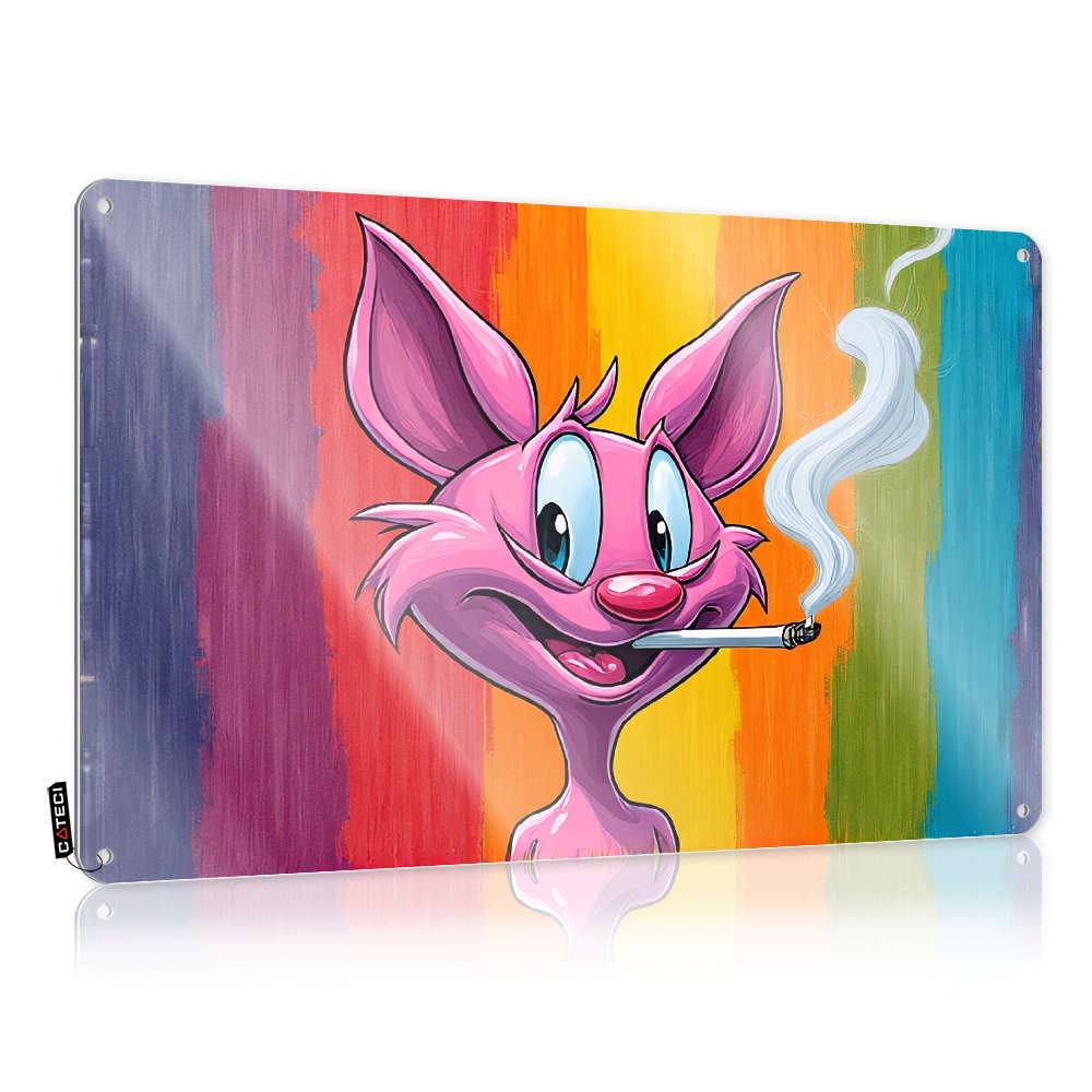 Metal Tin Sign Warning Decor Pre-drilled & Americana Highland Flat Print | A Pink Cartoon Character Smoking Cigarette. For Peeking Wall - Funny Garden Vintage(30X40CM)