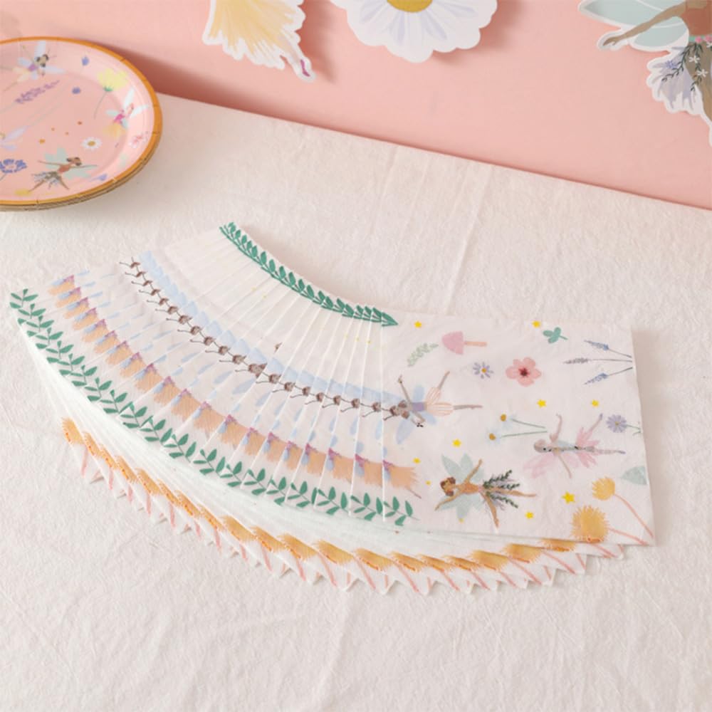 Juego de vajilla desechable de 57 piezas, diseño de hadas, hongos, platos, vasos, servilletas, decoración de pastel de hadas, suministros de decoración de fiesta de cumpleaños para niñas (10