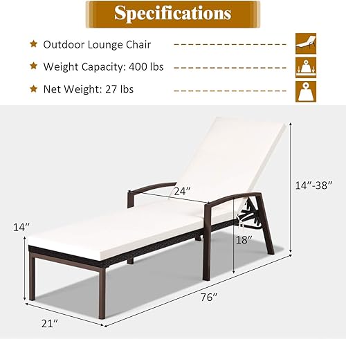Miniatura 3 de Tangkula Sillón de ratán para patio, tumbona reclinable para exteriores con cojín y reposabrazos, tumbona de mimbre con respaldo ajustable para