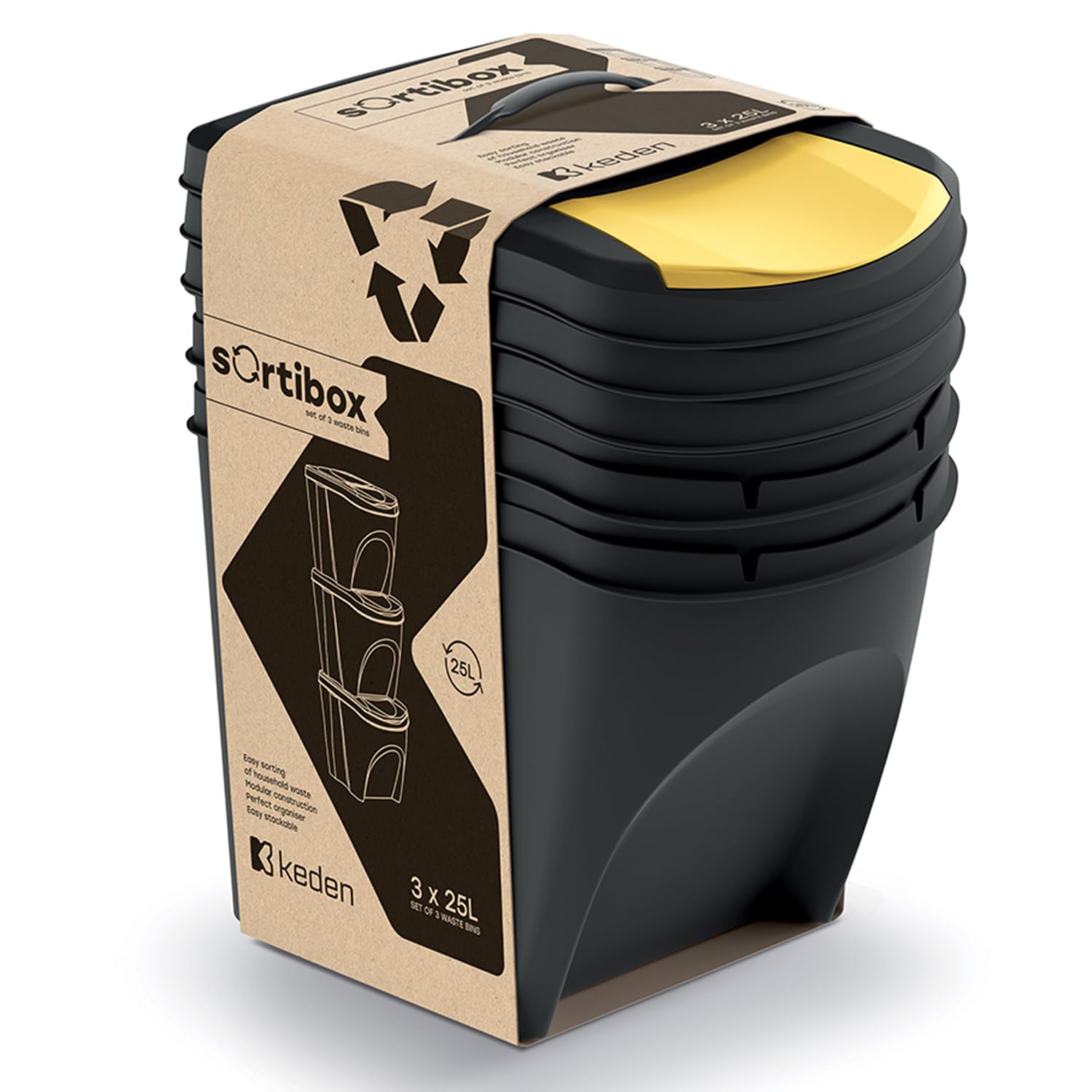 Keden Sortibox Juego de Cubos de Reciclaje Apilables (3, 25L)