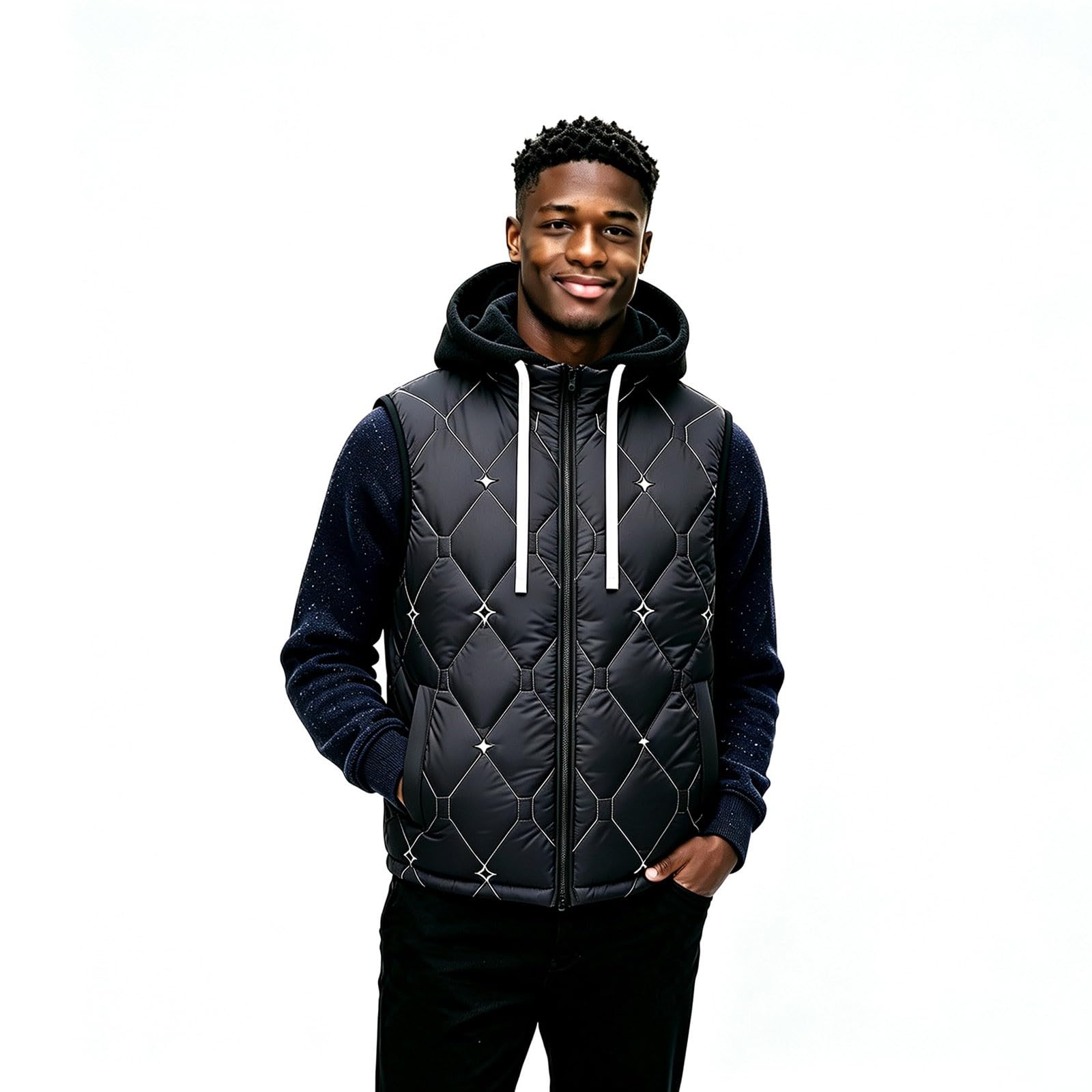 Gilet trapuntato da uomo con cappuccio, leggero, senza maniche, con cerniera, termico, invernale, in softshell, vestibilità aderente, per la mezza stagione, per tutti i giorni, viaggi e