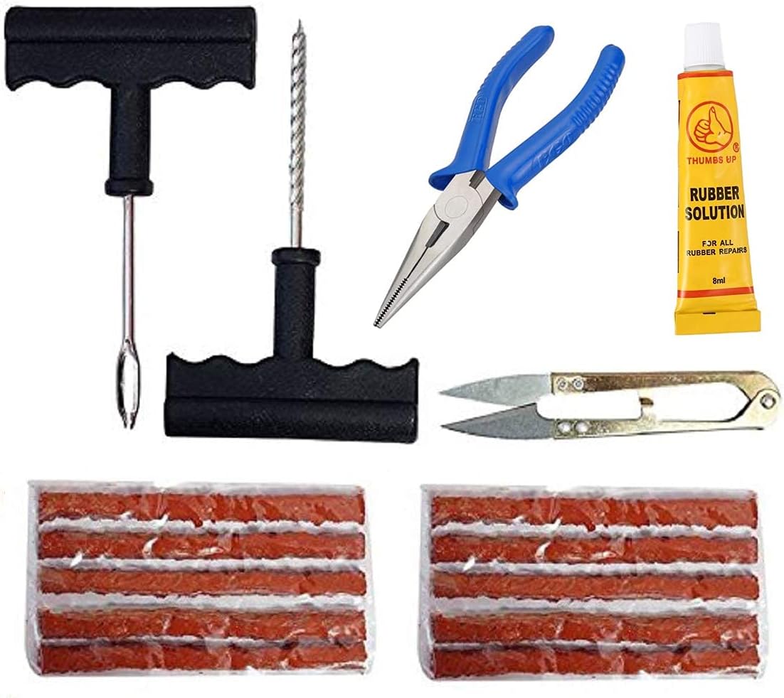 Gilary Tubeless Tyre Full Set with Rubber Cement, Extra Strips for Cars, Bikes Puncture Repair Kit with Carrying Pouch