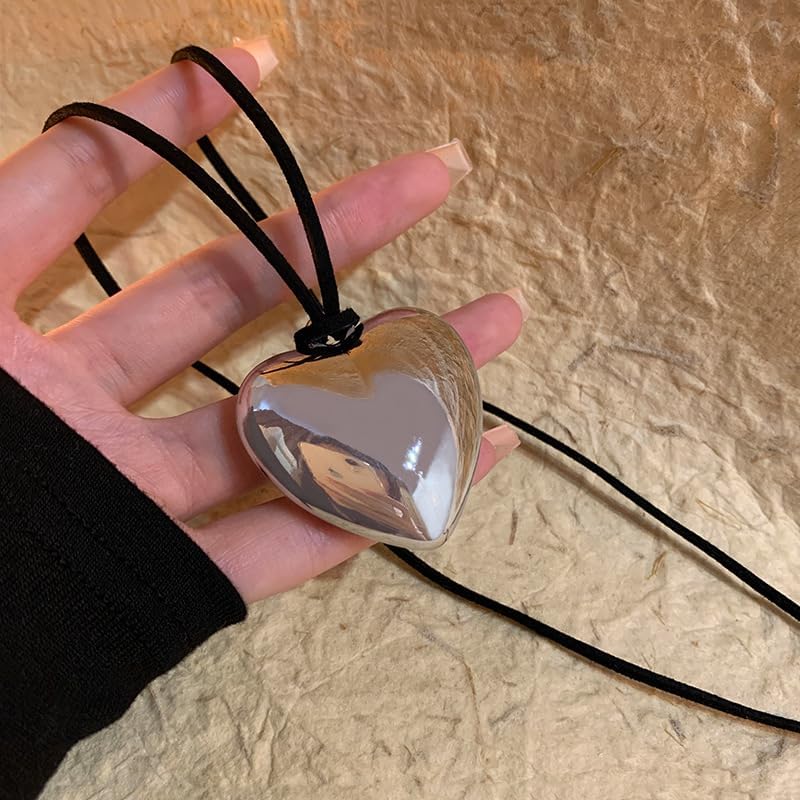Chunky Silver Heart Pendant Necklace with Black Cord – Bold Statement Jewelry for Women - Image 2