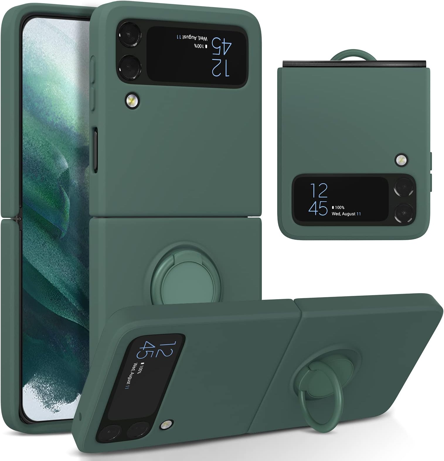 Silicone Case with Ring for Samsung Galaxy Z Flip 3 5G, Lightweight Foldable Slim Case Shock Absorption Slim Cover with Ring 360 Degree Rotation Stand Protective Cove - Army Green