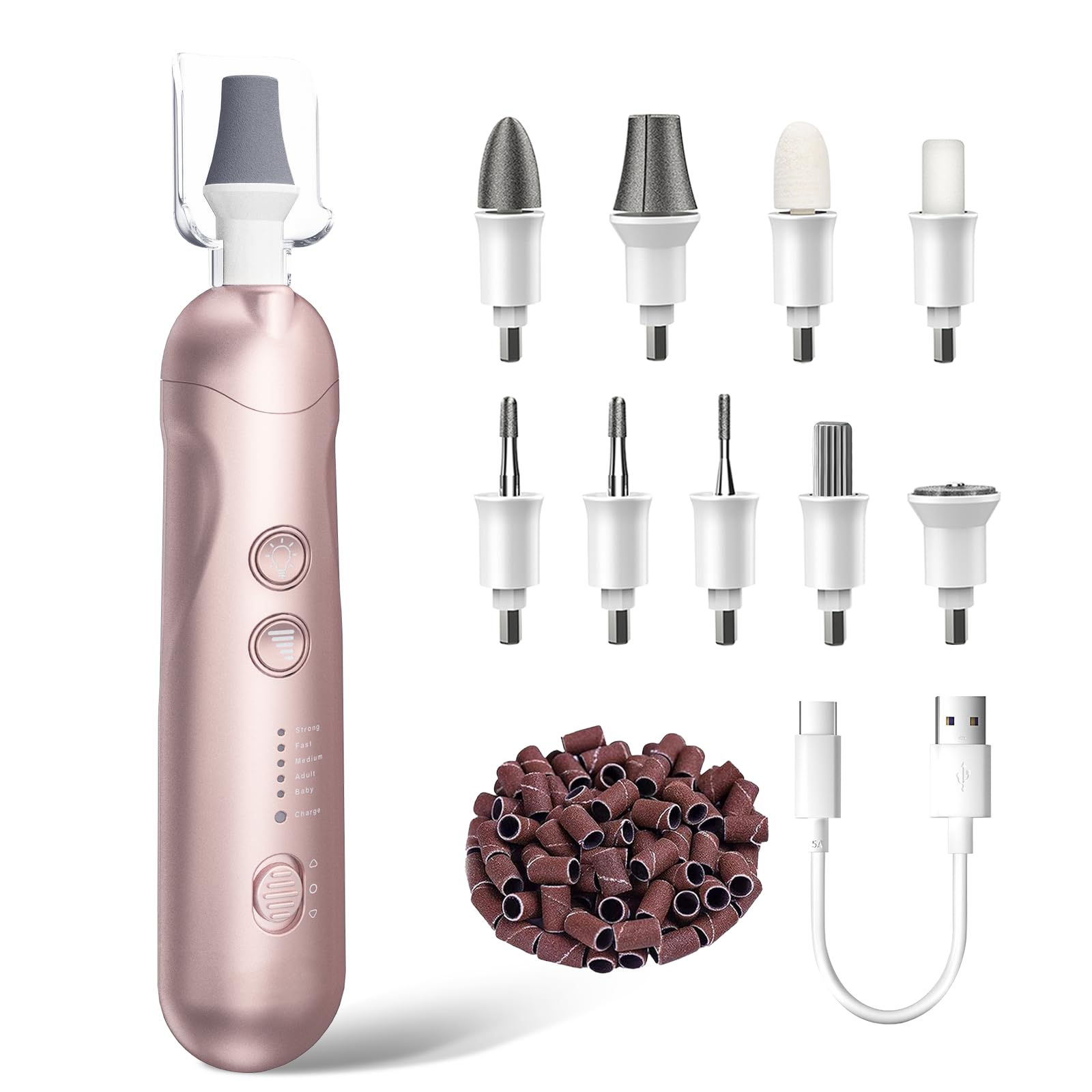 AOMEES Elektrische Nagelfräser Set, Maniküre Pediküre Set Fußpflege Elektrisch mit 9 Aufsätze zur Nagelpflege, mit 5 Geschwindigkeiten, LED Licht, Aufbewahrungstasche (Champagnergold)