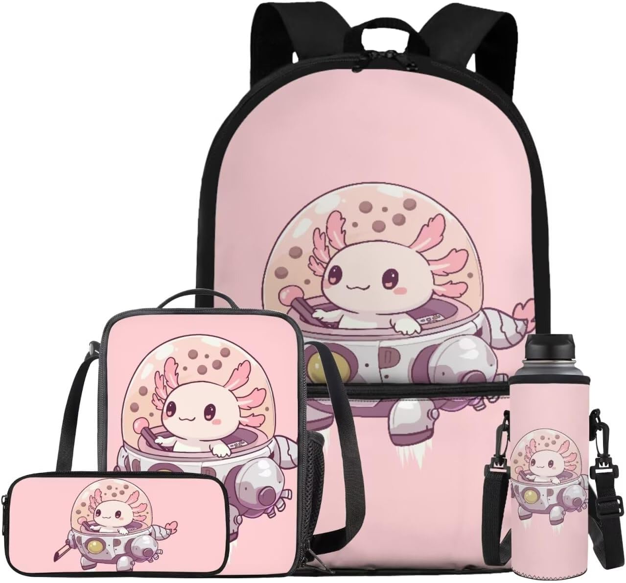Pink Axolotl Backpacks for Girls Cute 5Th Grade Kids Bookbag with Lunch Box Boys Water Bottle Holder and Comfy Pencil Box 4 in 1 School Bag for Kids Primary School Bags