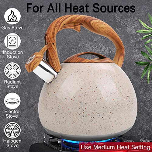 Whistling Tea Kettle Stovetop, 2.7 Quart Tea Pot for Stove Top, Stainless Steel Teapot with Whistle & Heat Resistant Wood Pattern Handle, Water and Coffee Kettle, Suitable for All Heat Sources (White)