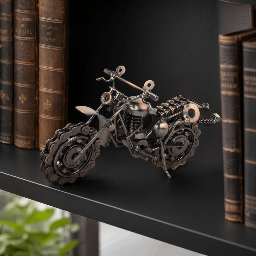 Iron Motorcycle Model, Bronze Collectible Copper Decor, 7.9 in | copper decor,Iron construction, bronze color, approx 7.9 in long, vintage collectible, tabletop display, motorcycle model