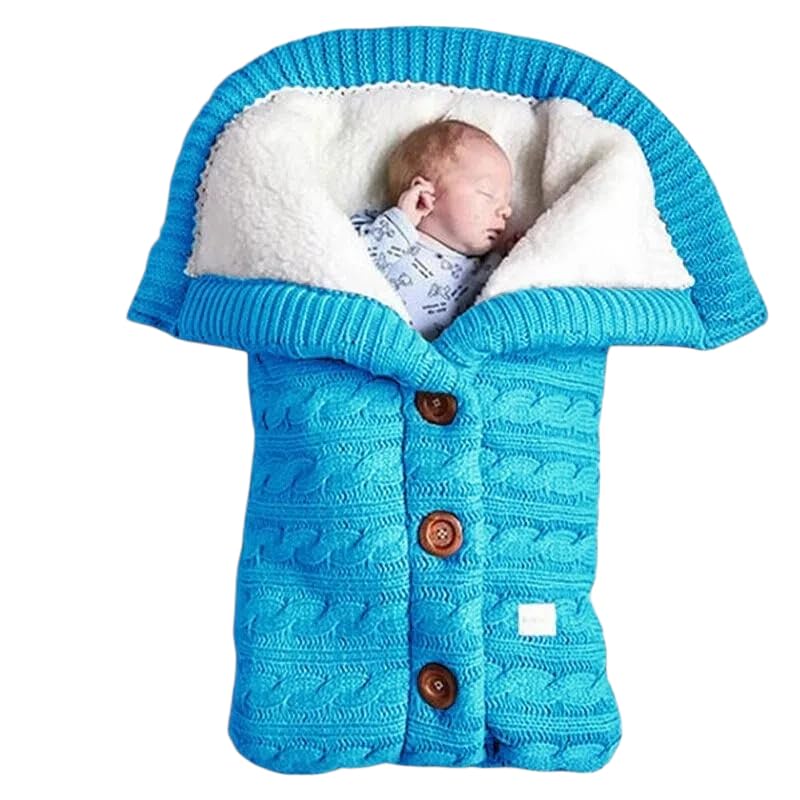 baby fleece knitted pram blanket set with pillow, soft cuddle blanket for newborn girls and boys, pink baby accessories for 0-12 months, 68 x 40 cm (Sky blue)