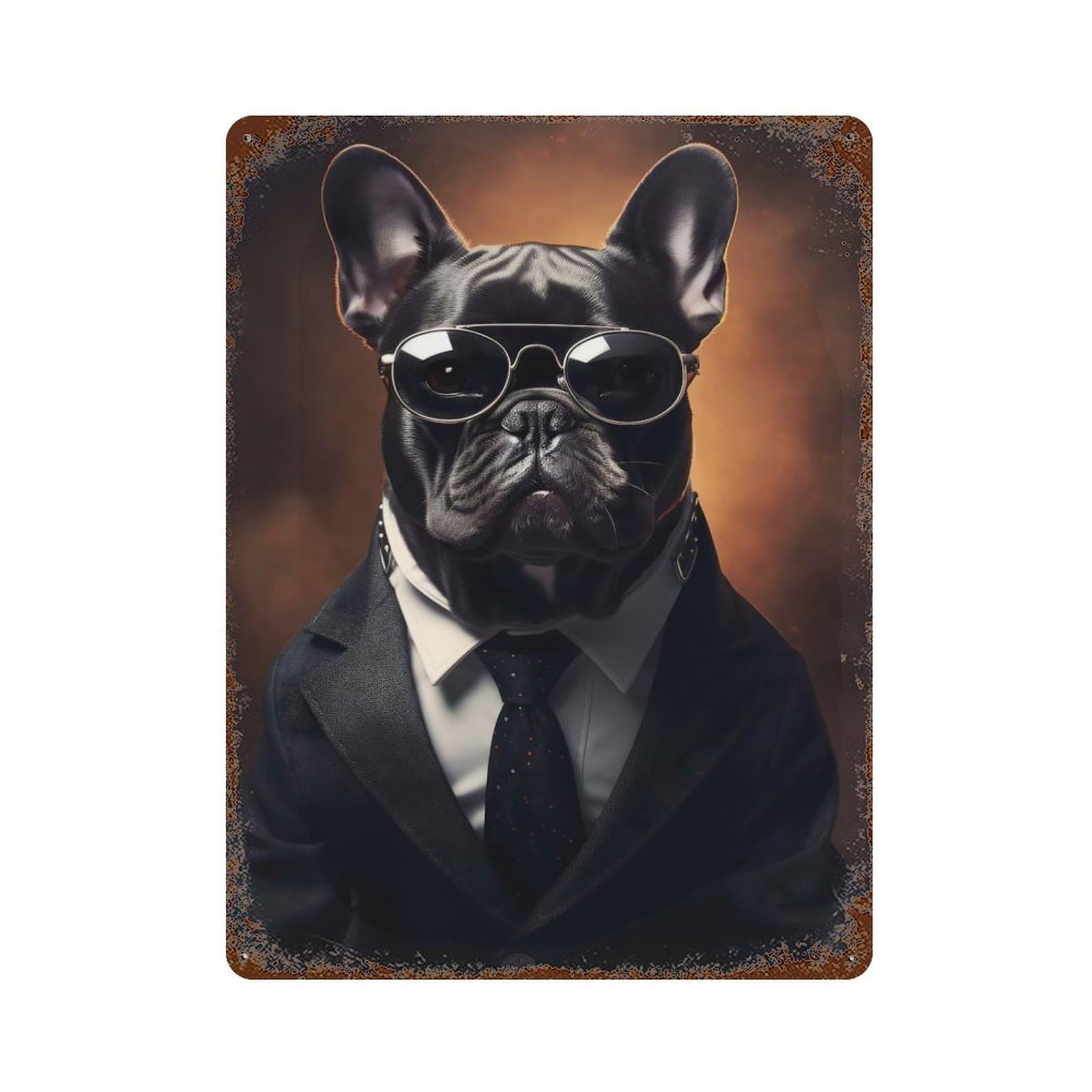 Aged Metal Wall Plaque with Pug Dog Gangstar Design 15.7"x11.8", for Cafe, Home Bar And Lounge Decor, Novelty Wall Decor