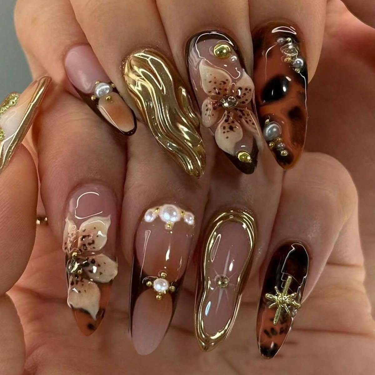 OHWODA 3D Handmade Press on Nails Brown Almond Fake Nails with Stereoscopic Flower Cross Designs, 24Pcs (10 Different Sizes, Glossy, Full Well Tips,