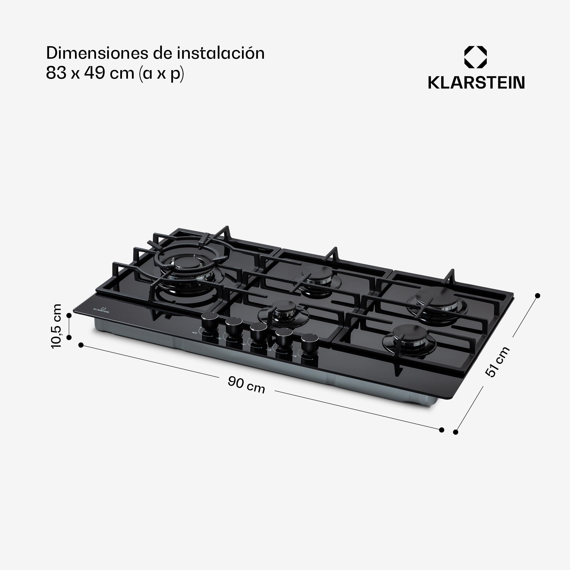 Klarstein Cocina de Gas Butano, 5 Fuegos Placa de Gas para Encimera Cocina, Potencia de 11100W, Placa Butano Integrada Acero y Cristal Cerámico, Fogones para Cocinas, Encimera de 5 Anillos GPL