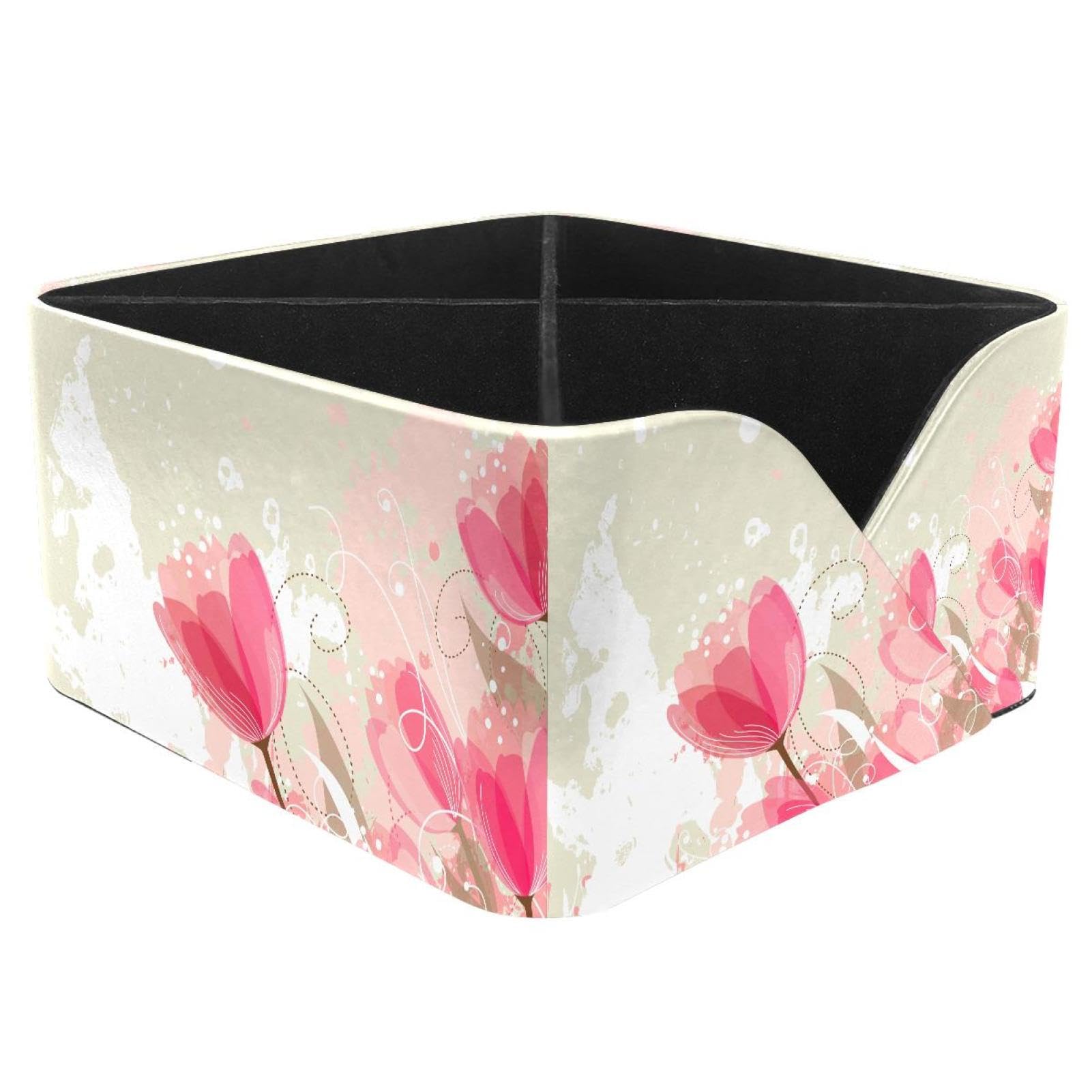KengjuTesu Fantasy Pink Tulip Desktop Organizer Pen Holder, Rectangular Pencil Cup for Office, Study and Makeup Stations