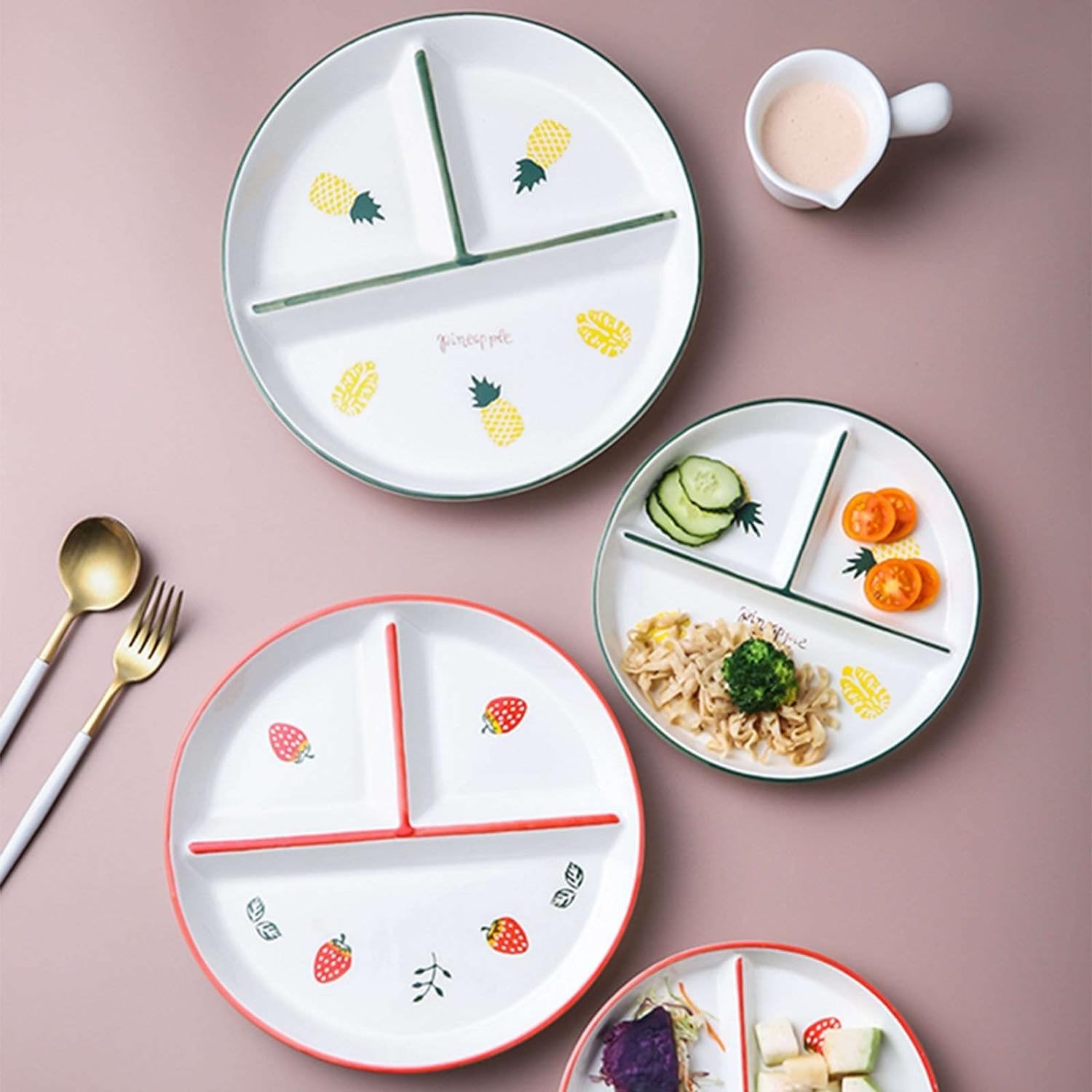 Podzielone talerze obiadowe, talerz kontrolujący dietę, ręcznie malowane wzory owoców porcje, podzielone, uroczy ceramiczny(Cherry,10 inch)
