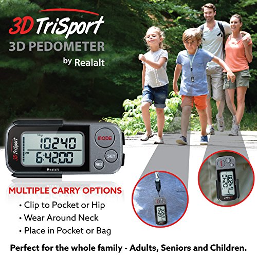 Realalt FBA_4132958 3Dtrisport Walking 3D Pedometer With Clip And Strap, Free Ebook | 30 Days Memory, Accurate Step Counter thumb #4